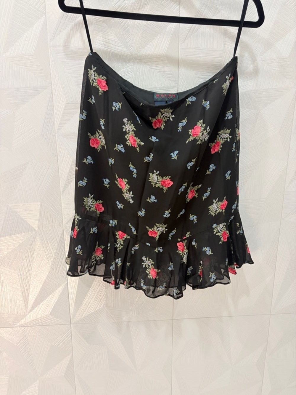 Vintage RALPH LAUREN Black Pink Blue Floral Ruffle Skirt  Size 10 Lined - Picture 3 of 9